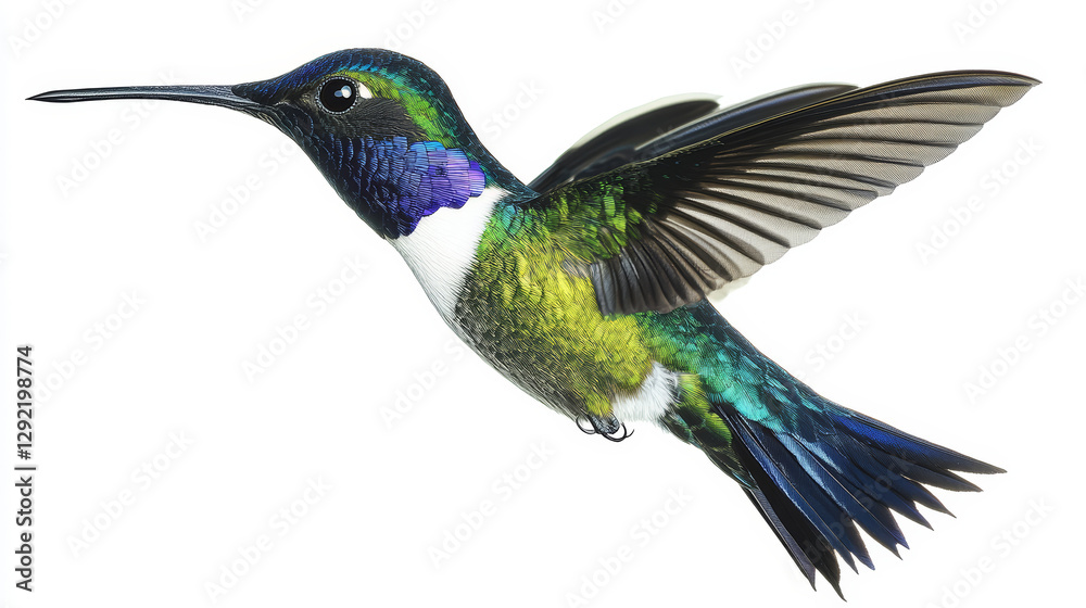 Fototapeta premium Green hummingbird in mid-flight with iridescent feathers and outstretched wings, isolated on a white background, ideal for nature conservation, birdwatching, and wildlife photography.