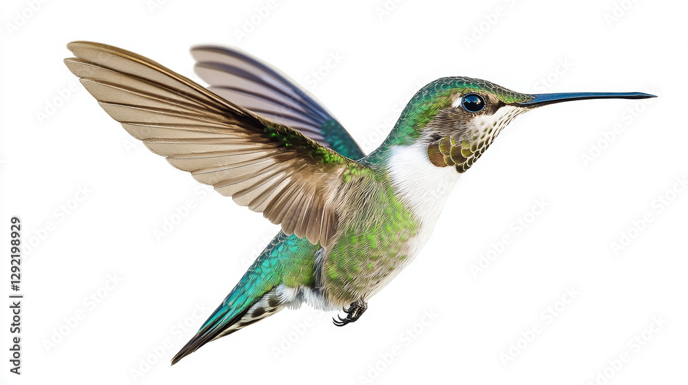 Fototapeta premium Green hummingbird in mid-flight with iridescent feathers and outstretched wings, isolated on a white background, ideal for nature conservation, birdwatching, and wildlife photography.