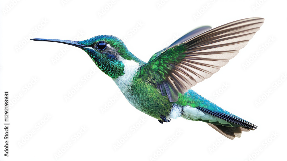 Fototapeta premium Green hummingbird in mid-flight with iridescent feathers and outstretched wings, isolated on a white background, ideal for nature conservation, birdwatching, and wildlife photography.
