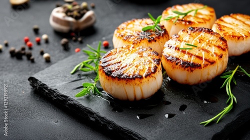 Seared scallops with grill marks, rosemary, and peppercorns on a dark slate plate