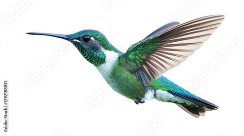 Green hummingbird in mid-flight with iridescent feathers and outstretched wings, isolated on a white background, ideal for nature conservation, birdwatching, and wildlife photography.

