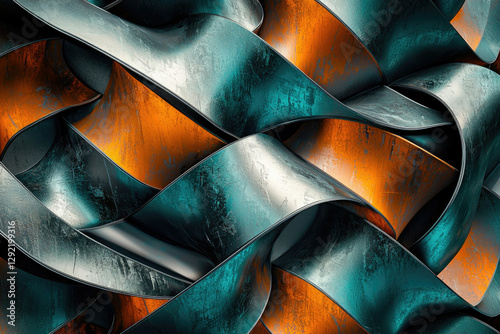 Abstract 3D rendering of interwoven metallic ribbons in teal and orange, showcasing a textured and dynamic design.