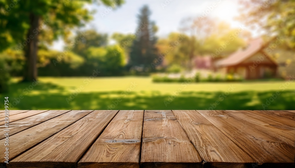 Fototapeta premium Empty old wooden table background surface with blurred green yard background. Empty table mockup for products