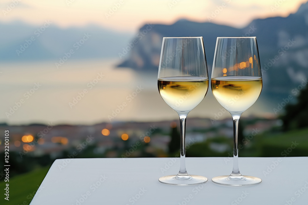 Glasses with white wine served with a view of the summer sunset lakeshore landscape Glasses with white wine served with a view of the summer sunset lakeshore landscape