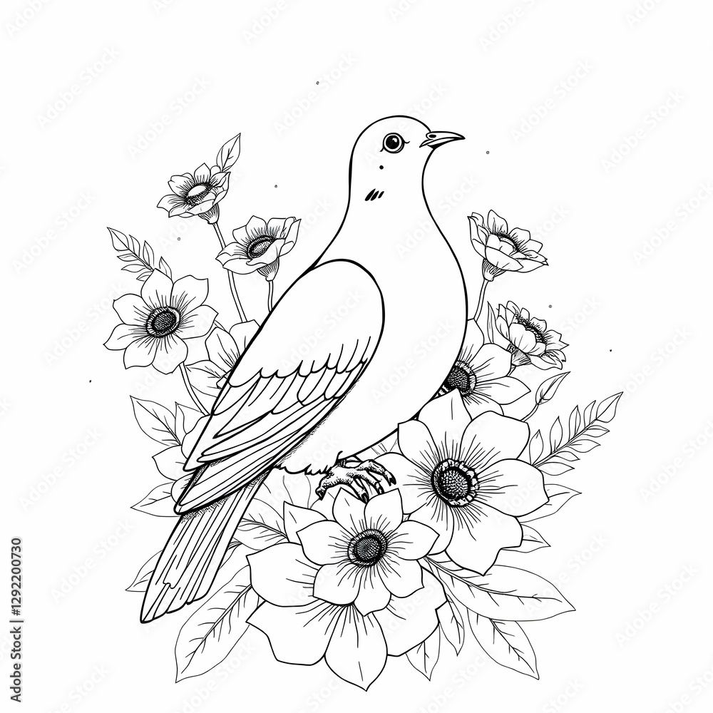 Obraz premium Black and White Dove with Flowers Detailed Line Art Botanical Illustration Vintage Engraving Nature Inspired Ink Sketch Floral Composition