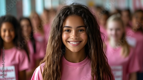 Wallpaper Mural Young girl with voluminous curly hair and beaming smile leads large group of students wearing pink shirts in school hallway. Pink Shirt Day and anti-bullying advocacy Torontodigital.ca