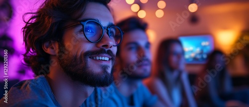 Four people watch illuminated screen at night with blurred lights in background