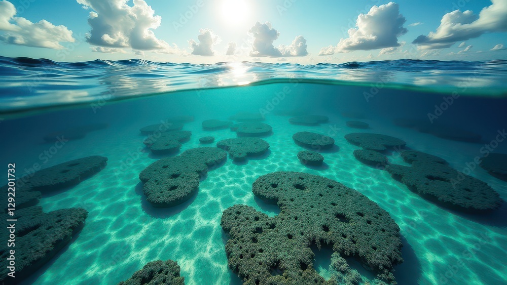 Sunlit coral reef underwater showing bleaching and climate change effects Sunlit coral reef underwater showing bleaching and climate change effects