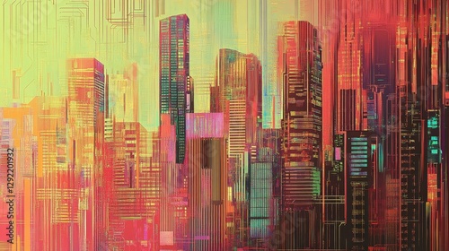 A modern futuristic cityscape with bright abstract colors and a digital overlay, symbolizing urban innovation and technology.  

