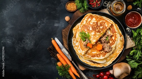 A plate of savory stuffed pancakes filled with meat and vegetables, served with a side of dipping sauce, showcasing a hearty meal.  
