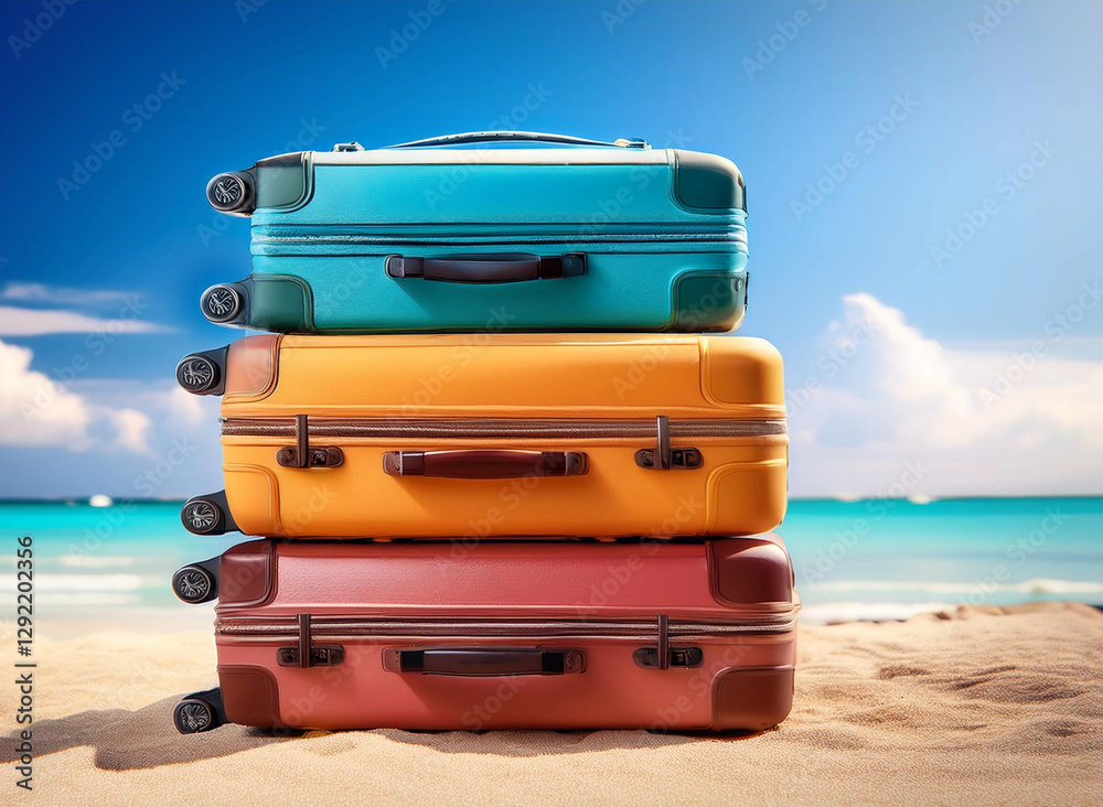 Fototapeta premium plusieurs valises empilées sur une plage de sable fin