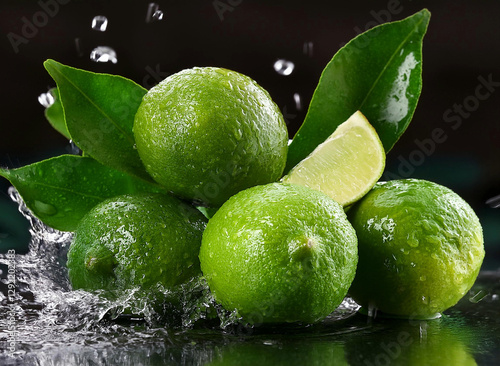 plusieurs citrons verts avec de l'eau éclaboussant dessus sur une fond sombre photo