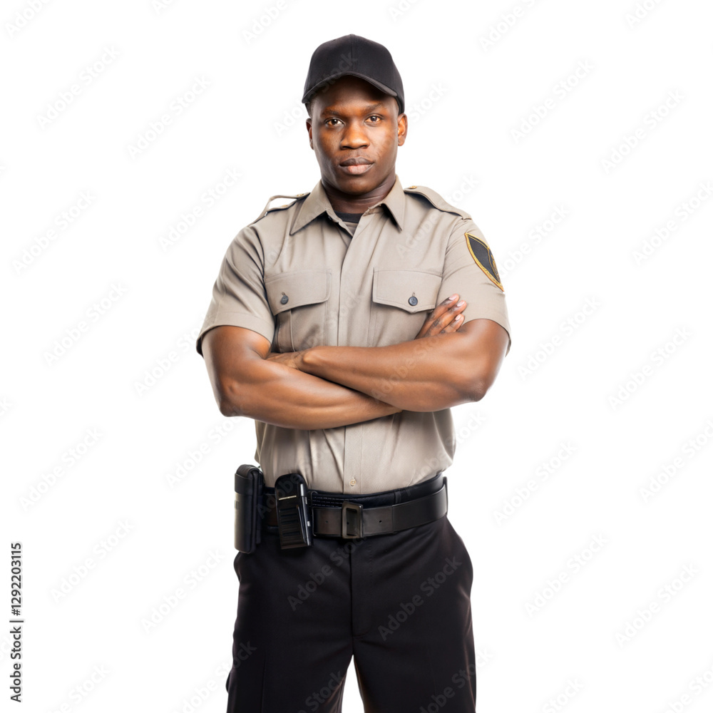 Vigilant security guard in uniform urban setting portrait photography professional environment, isolated on white or transparent background Vigilant security guard in uniform urban setting portrait photography professional environment, isolated on white or transparent background