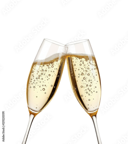 Elegant Champagne Flutes Clinking in Celebration, Capturing the Essence of Festivity and Joy with Bubbling Sparkling Wine, Isolated on Transparent and White Background