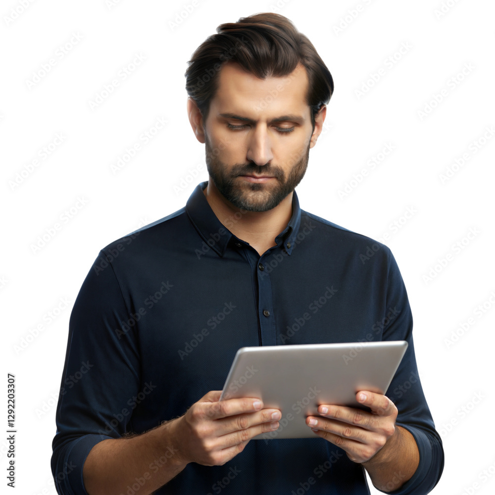 Innovative startup founder brainstorming ideas in office digital environment focused view, isolated on white or transparent background Innovative startup founder brainstorming ideas in office digital environment focused view, isolated on white or transparent background