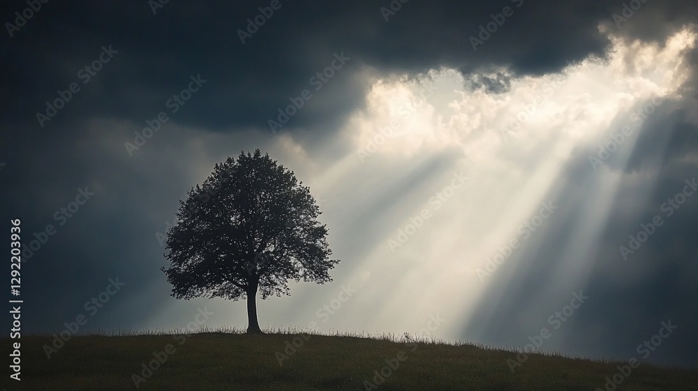 Obraz premium Lone tree silhouetted against dramatic sky with sunbeams.
