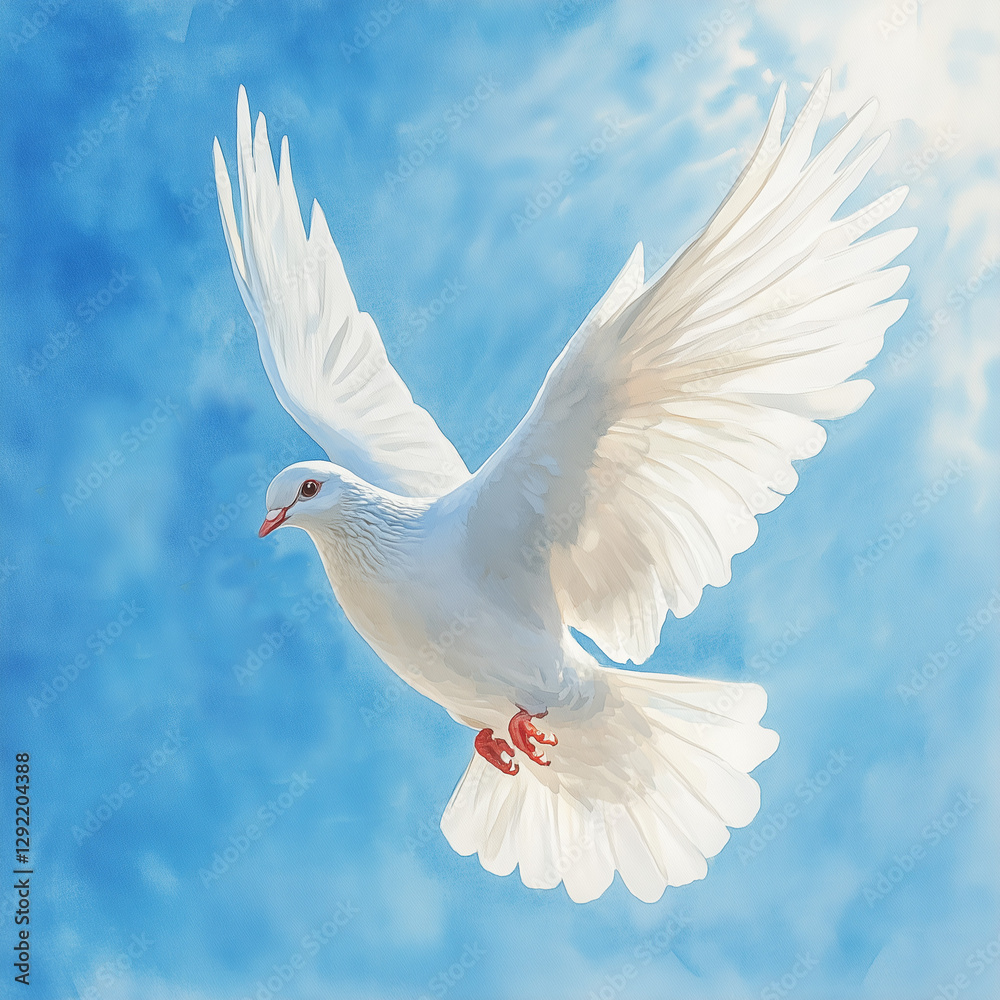 Obraz premium White dove flying peacefully, carrying olive branch in a bright blue sky