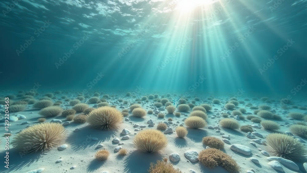 Fototapeta premium Sunlit sandy ocean floor with sparse coral affected by bleaching and climate change 