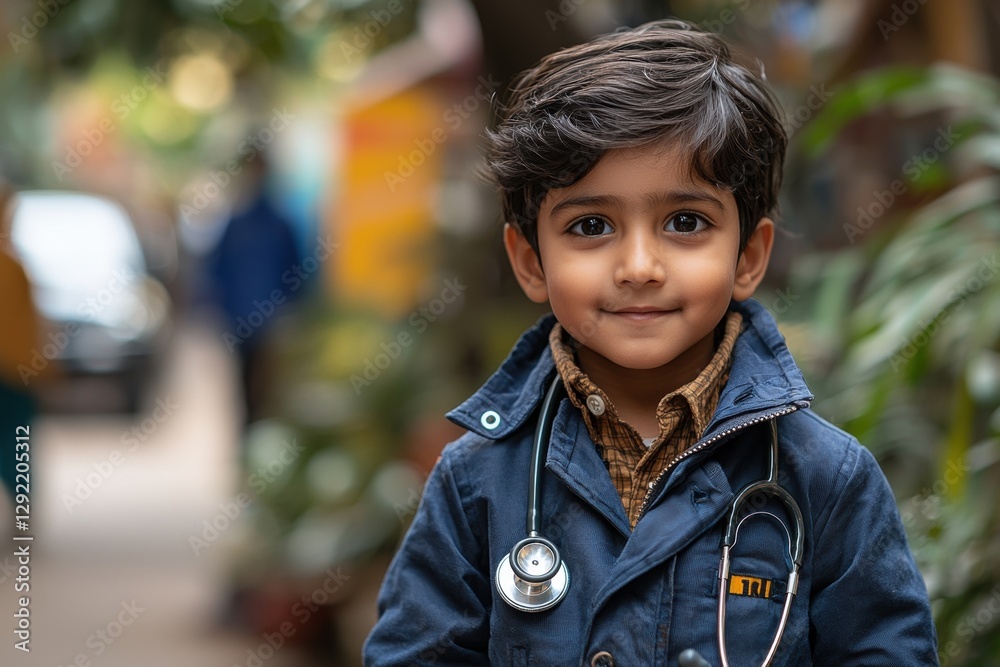 young boy wearing a stethoscope and a stylish jacket, smiling confidently outdoors young boy wearing a stethoscope and a stylish jacket, smiling confidently outdoors