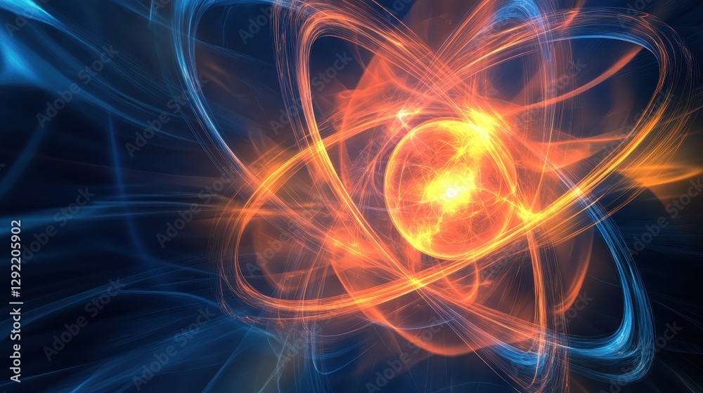 Abstract atomic energy visualization with glowing particles and motion Abstract atomic energy visualization with glowing particles and motion