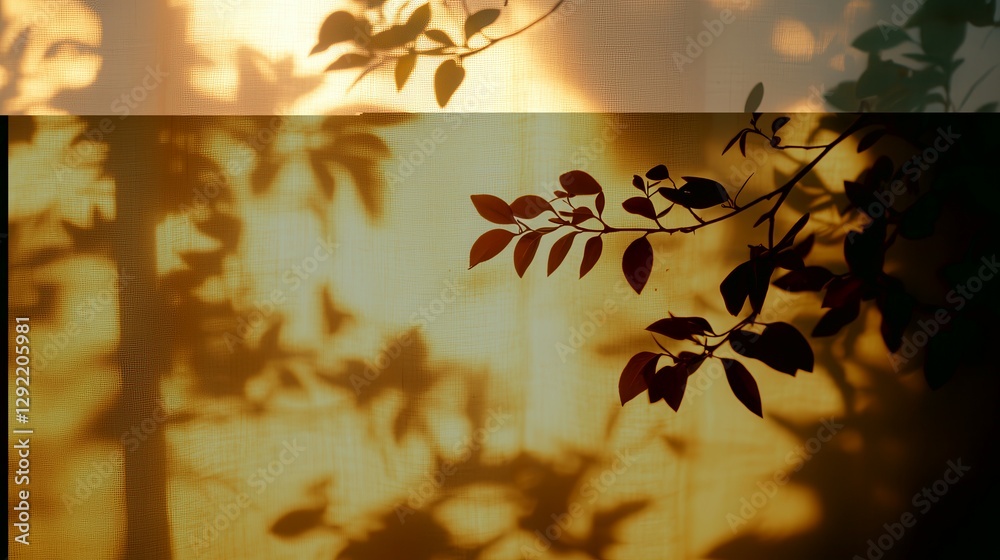 Silhouetted leaves on golden sunlit curtain Silhouetted leaves on golden sunlit curtain