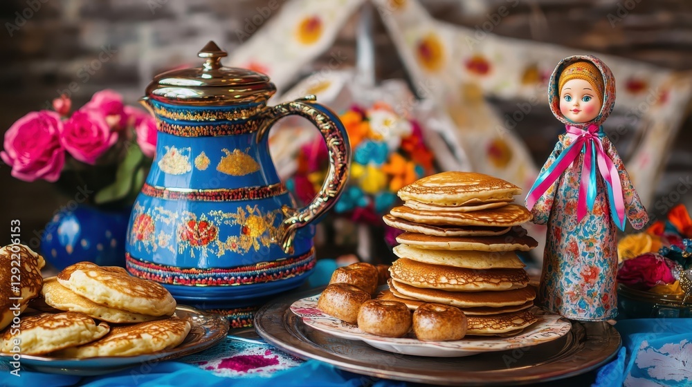A beautifully arranged Maslenitsa table featuring golden pancakes, traditional bagels, a samovar, and a decorative doll with ribbons, celebrating Russian folk traditions.  

