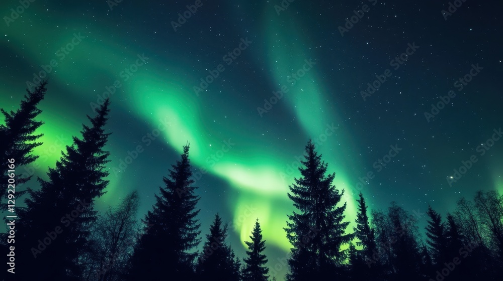 Naklejka premium A breathtaking display of the aurora borealis illuminating the night sky above a dense forest, showcasing vibrant colors and the beauty of this natural phenomenon. 