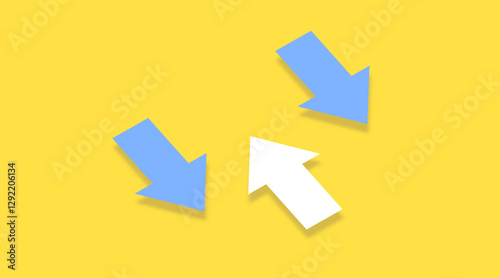 Two blue arrows pointing in the same direction with a single white arrow pointing in the opposite direction on a yellow background	
