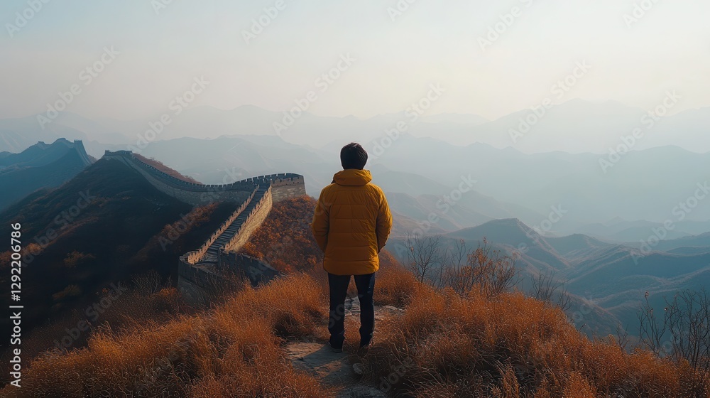 Fototapeta premium Solitary figure on great wall of china in autumn landscape