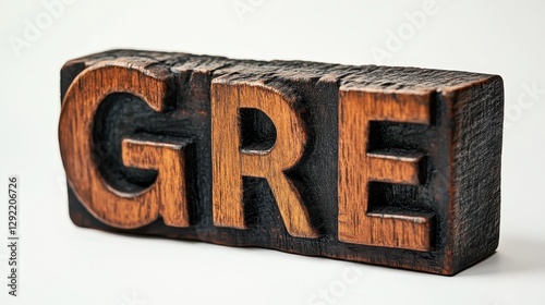 Wooden block letters reading gre on white background