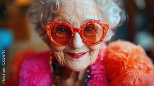 Elderly caucasian woman in colorful outfit and large glasses smiling