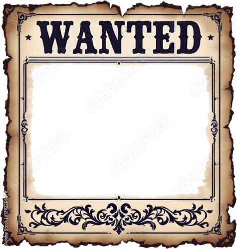 Classic Western Wanted Poster with Ornate Detailing, Capturing the Essence of Outlaw Lore and Frontier Justice, Perfect for Historical Decor, Isolated on Transparent and White Background photo