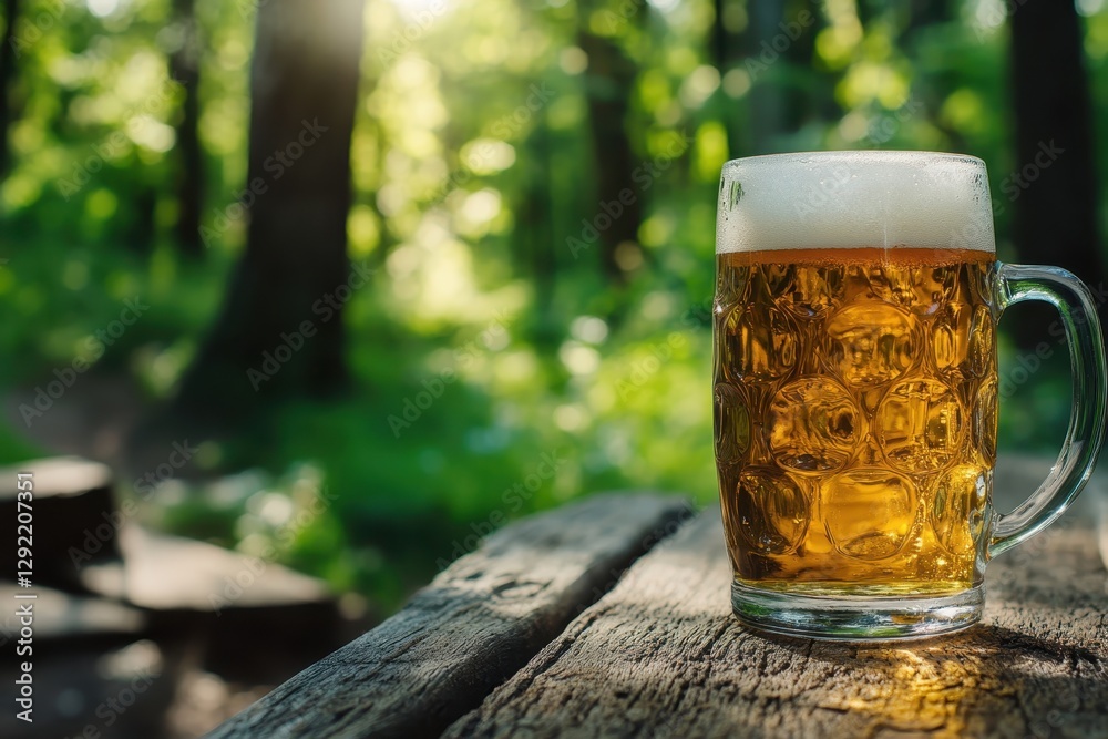 Refreshing beer mug standing on wooden table in sunny forest Refreshing beer mug standing on wooden table in sunny forest