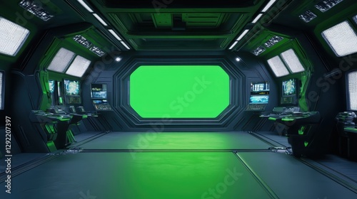 Futuristic spaceship interior featuring green screen monitors and windows, ideal for space travel visualizations 