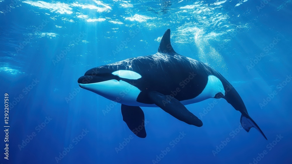 Killer whale swimming underwater in a blue ocean
Killer whale swimming underwater in a blue ocean