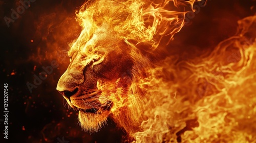 A majestic lion engulfed in flames and smoke, symbolizing faith, power, and the biblical representation of the Lion of Judah.  
