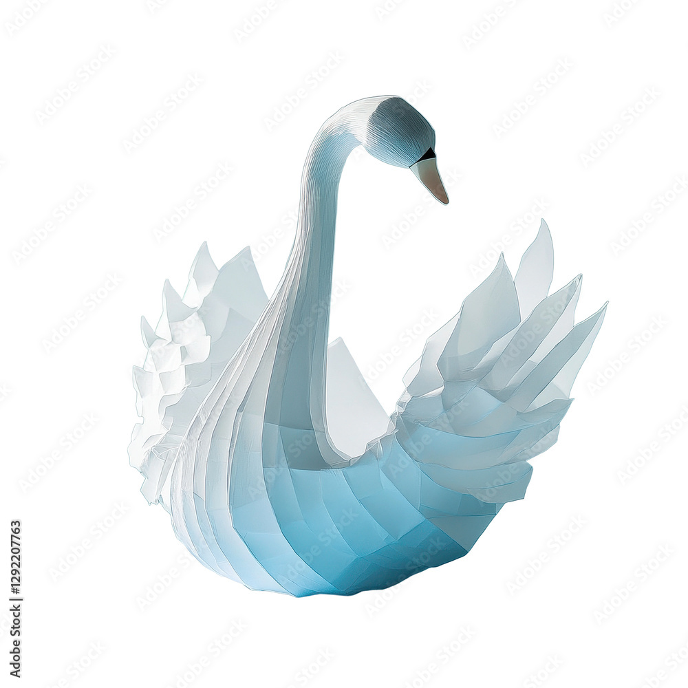 Fototapeta premium Elegant paper swan sits gracefully on a blue surface against a soft white backdrop, paper swan sitting on a blue surface, Transparent background
