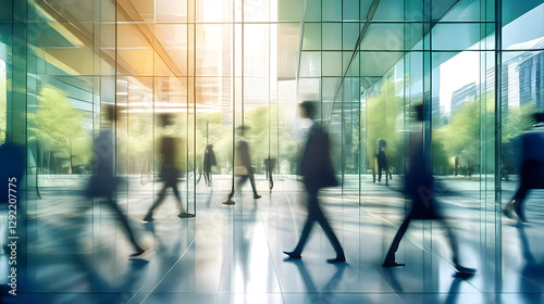 The concept of sustainability in business centers, crowds of business people walking at a corporate office in a green city downtown, abstract motion blur image with blurred background