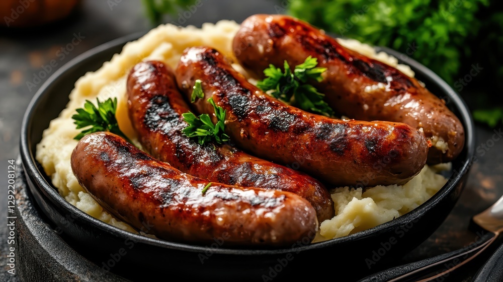 Grilled Sausages, creamy mashed potatoes and fresh parsley. Savory fried sausages and garnish, Grilled Sausages, creamy mashed potatoes and fresh parsley. Savory fried sausages and garnish,