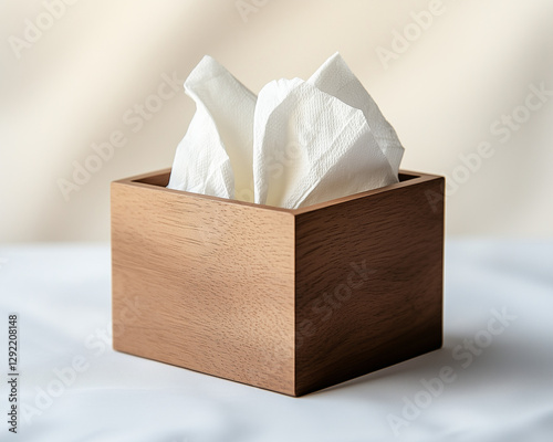 Wooden tissue box with white napkins on soft background.