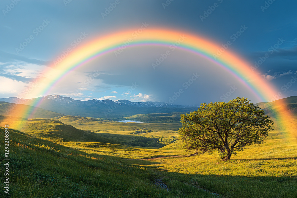 Obraz premium Lush green valley beneath a vivid rainbow with majestic mountain backdrop
