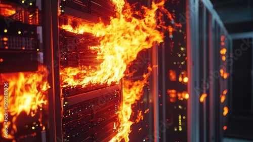 A catastrophic fire engulfs server racks in a data center, symbolizing data loss, cybersecurity risks, and technological disasters.  
