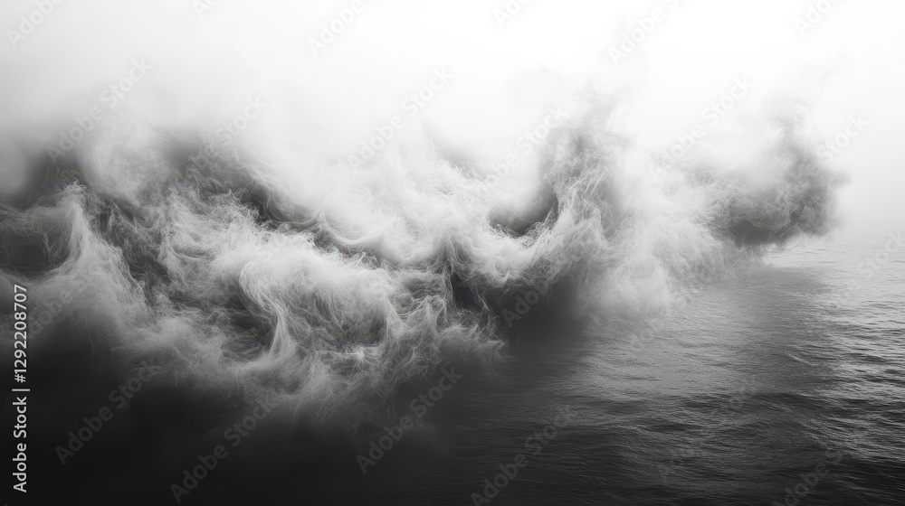 Mysterious black and white fog over ocean waves in serene atmosphere Mysterious black and white fog over ocean waves in serene atmosphere