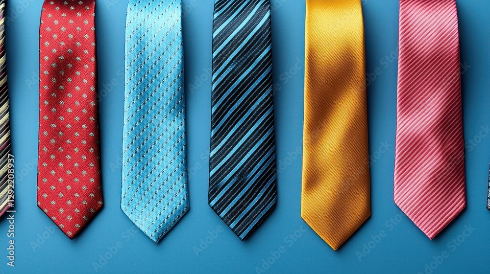 Colorful ties arranged on a blue surface, showcasing various patterns and textures Colorful ties arranged on a blue surface, showcasing various patterns and textures