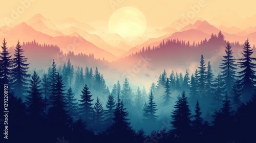Serene sunrise over misty mountain landscape with silhouetted pine forests