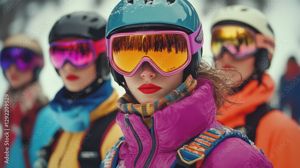 Group of young caucasian females in colorful ski gear on snowy mountain slope Group of young caucasian females in colorful ski gear on snowy mountain slope