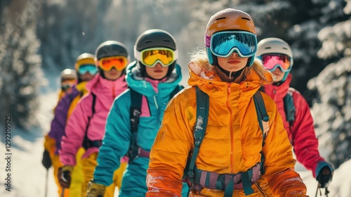 Group of young adults in vibrant ski gear enjoying winter sports on snowy mountain