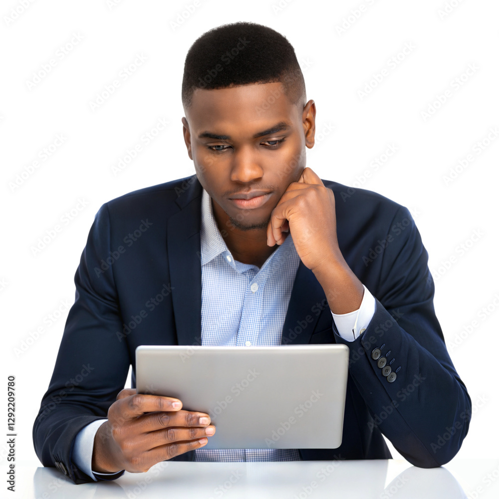 Young entrepreneur analyzing data on digital tablet office workspace professional environment, isolated on white or transparent background Young entrepreneur analyzing data on digital tablet office workspace professional environment, isolated on white or transparent background