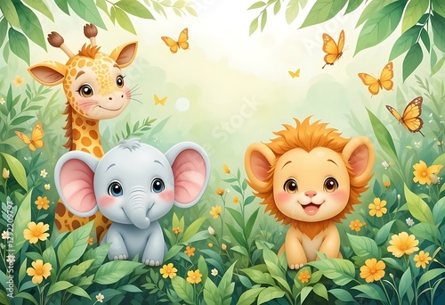 Cartoon illustration of a frame with wild animals, flowers, and birds in a spring nature design, perfect for Easter, birthday, or holiday cards