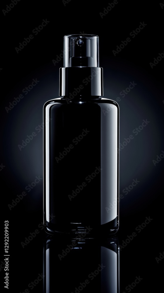 Sleek black cosmetic spray bottle gleaming against dark backdrop, reflecting minimalist luxury and sophisticated beauty product design Sleek black cosmetic spray bottle gleaming against dark backdrop, reflecting minimalist luxury and sophisticated beauty product design